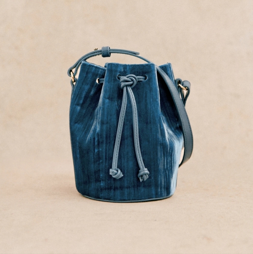 Sezane Farrow Blue Velvet Micro Bucket Bag
